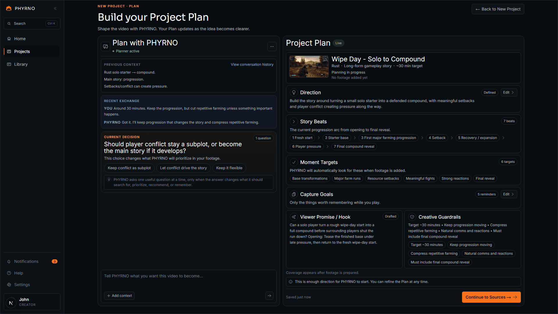 PHYRNO Planner with a conversation on the left and an evolving structured Project Plan on the right.